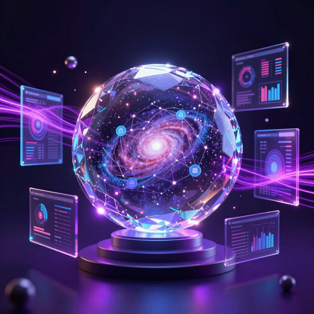 Futuristic crystal sphere with galaxy of data analytics and marketing insights